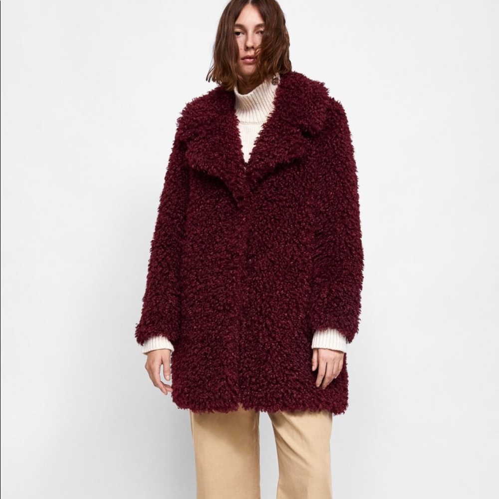 Zara Faux Fur Burgundy Coat - Medium - New